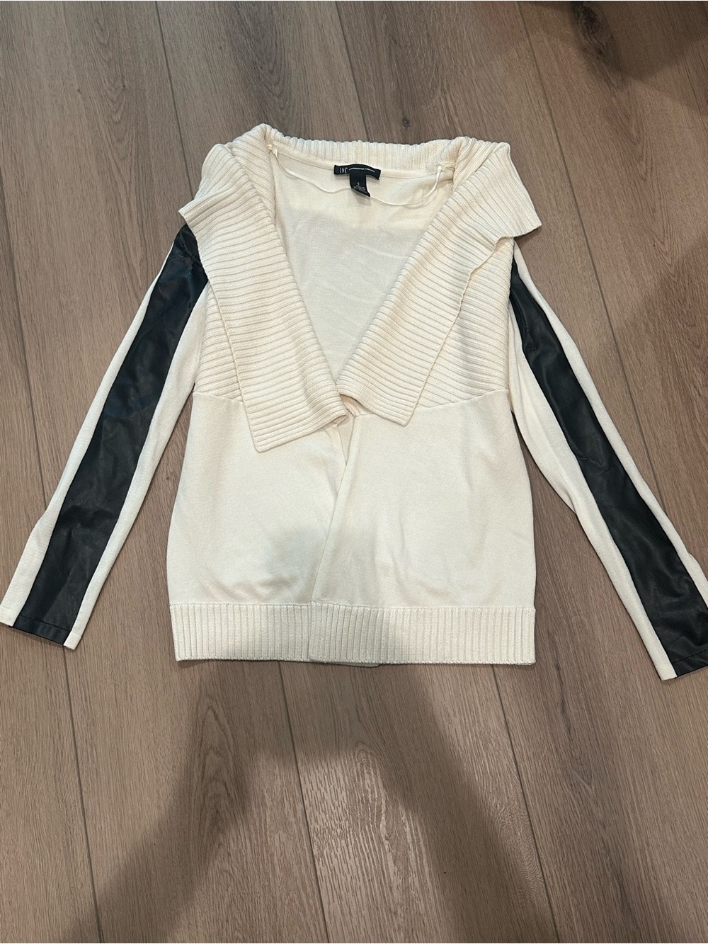 INC International Concepts Cream Sweater with Black Sleeve Stripes